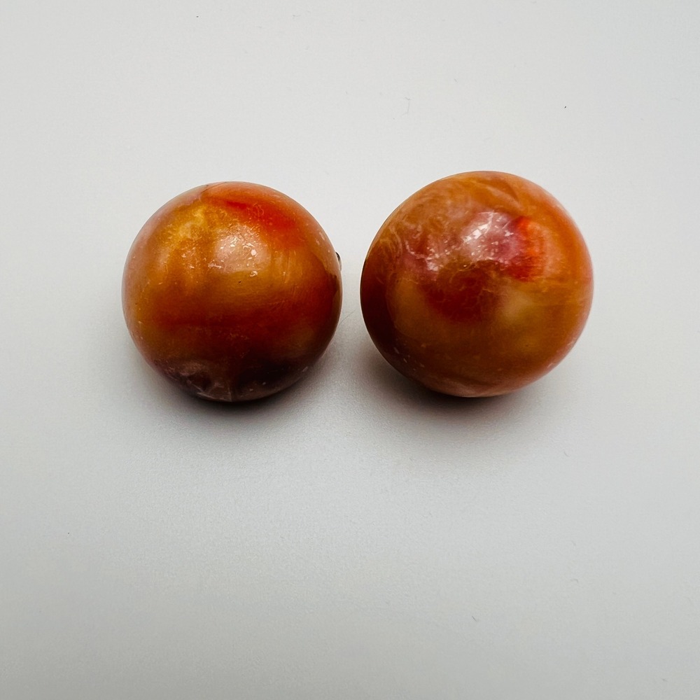 Vintage Hong Kong Clip On Earrings Marbled Butterscotch Amber Dome Retro